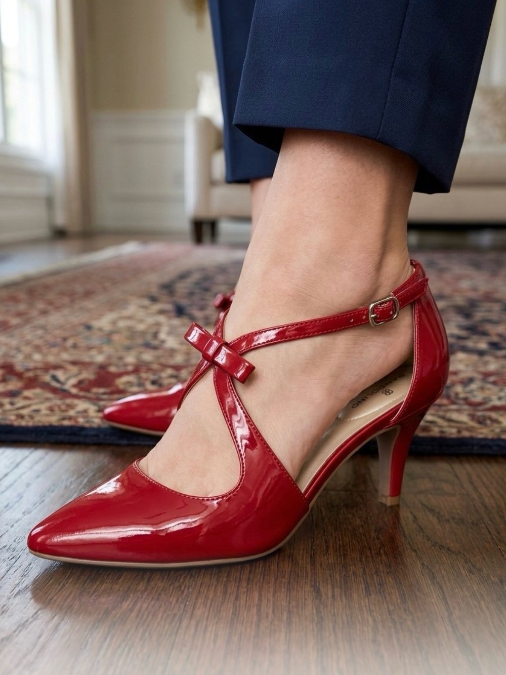 Bandolino Women's Zeffer Strappy Bow Kitten Heel Pumps Rossy Red Size 11M